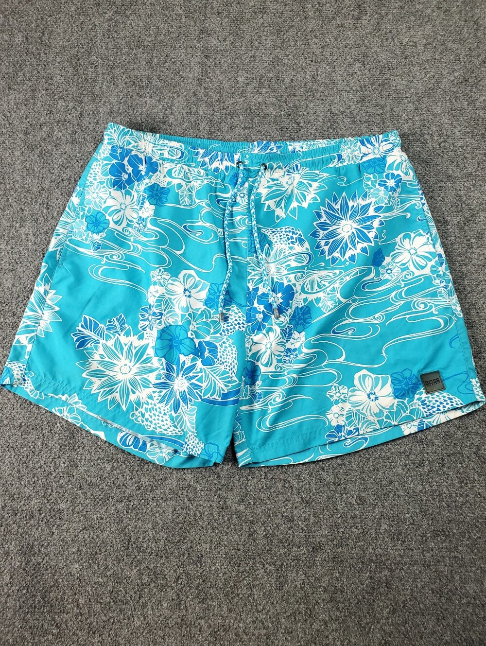 Hugo Boss Swim Trunks 2XL Floral Print Hawaiian Tropical Flowers Mesh Lined Blue